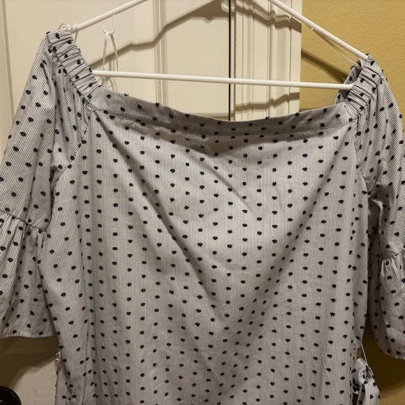 Banana Republic Swiss Dot Off Shoulder Dress Navy Blue Dots Belt Sz M Tall - Picture 5 of 15